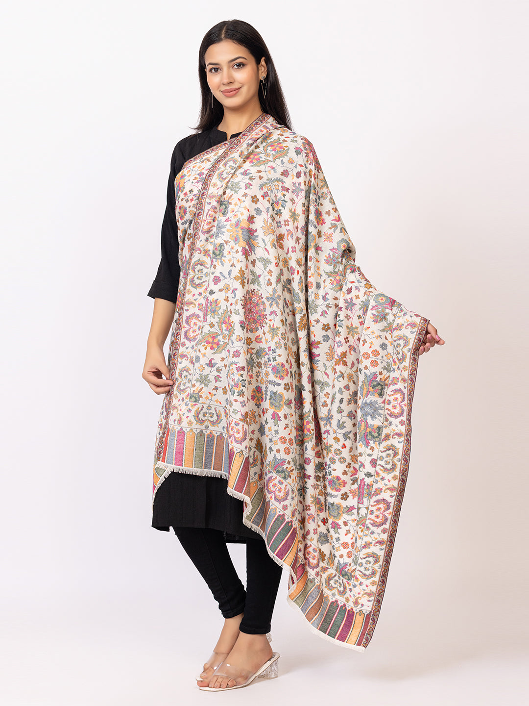 Tillaari Elegant Ivory Cotton Wool Shawl