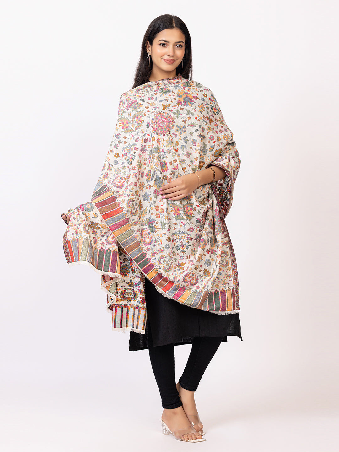 Tillaari Elegant Ivory Cotton Wool Shawl