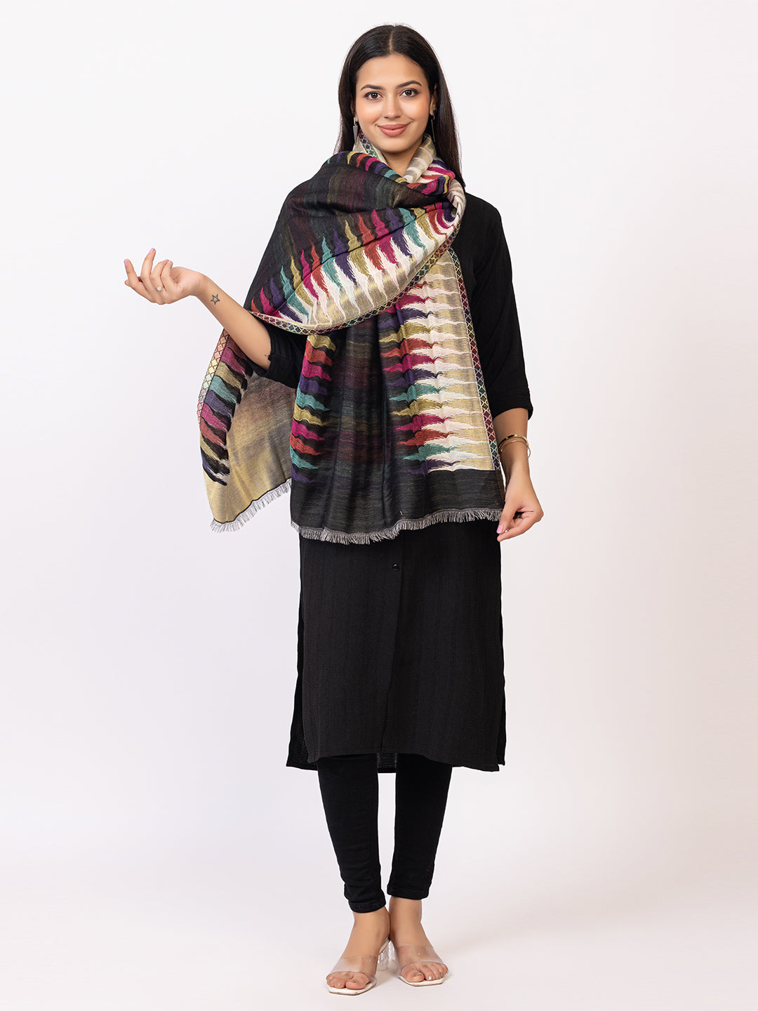 Tillaari Ethnic Stole with Multicolor Pattern on Border