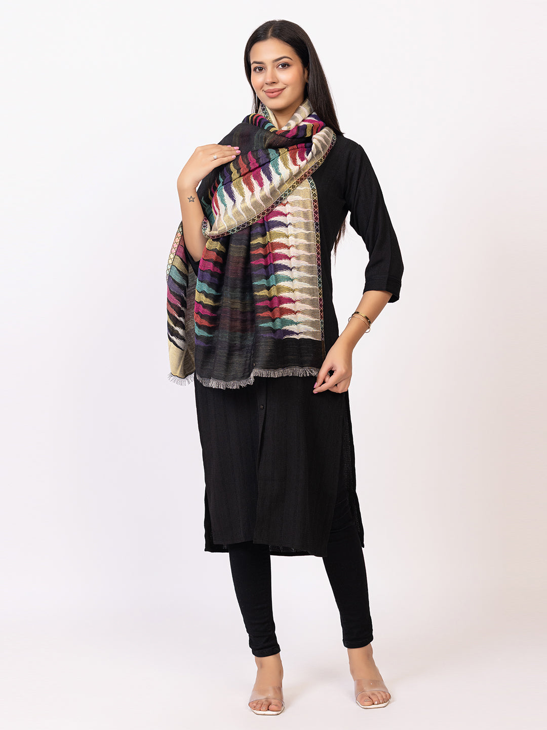 Tillaari Ethnic Stole with Multicolor Pattern on Border