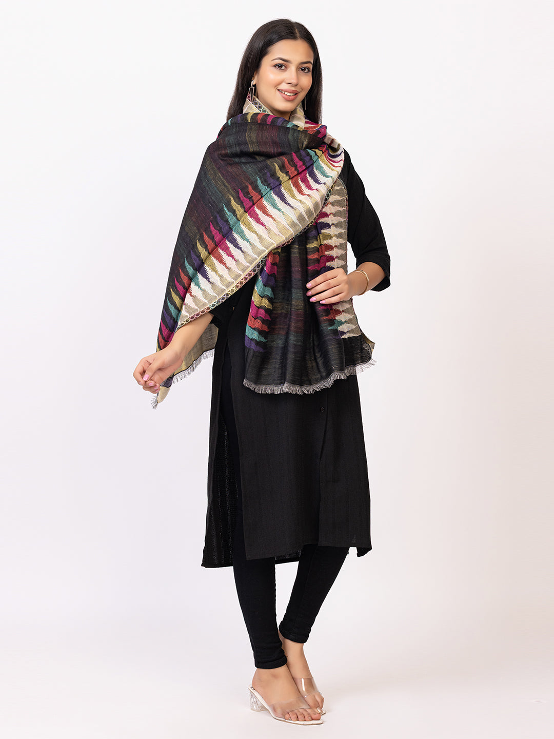 Tillaari Ethnic Stole with Multicolor Pattern on Border