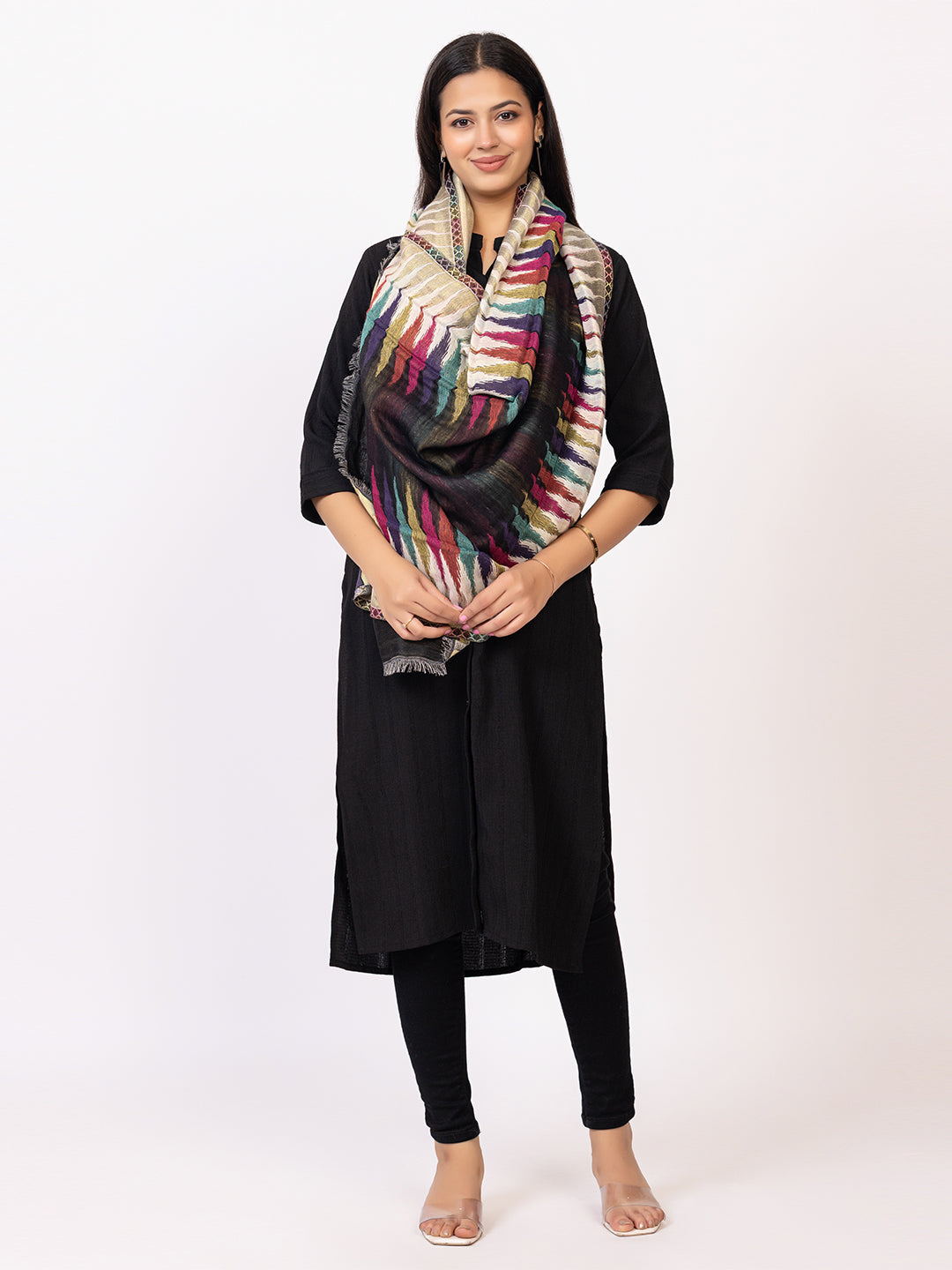 Tillaari Ethnic Stole with Multicolor Pattern on Border