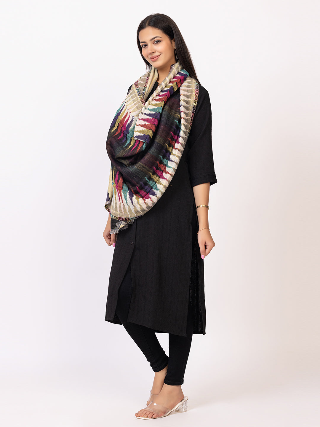 Tillaari Ethnic Stole with Multicolor Pattern on Border