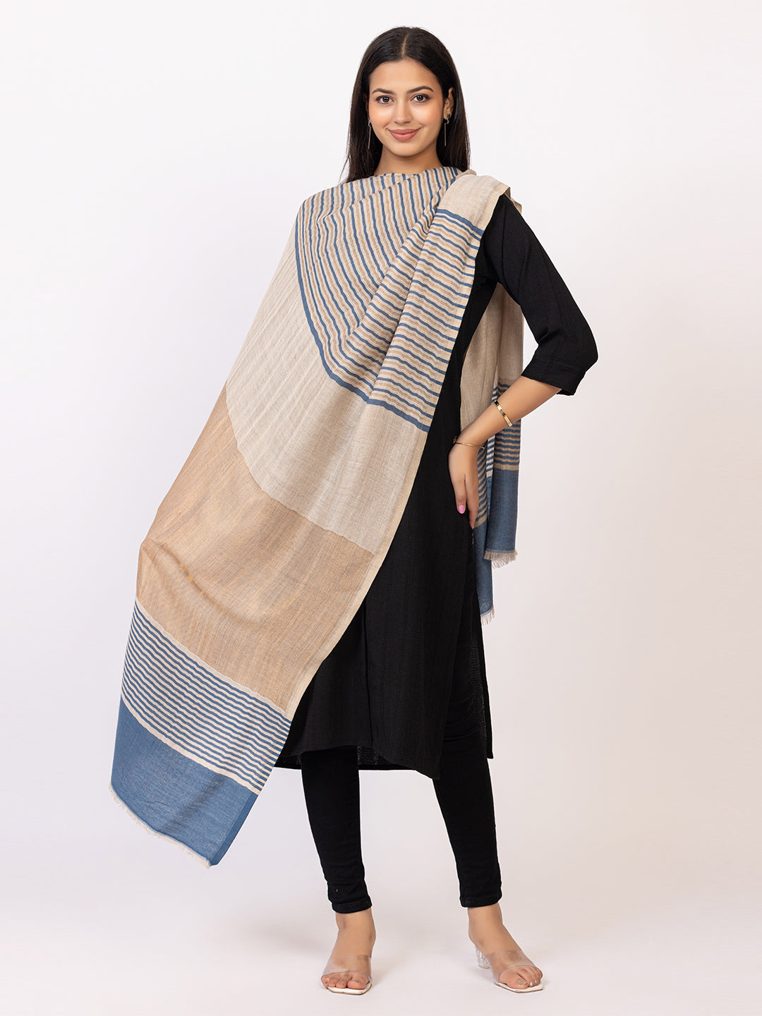 Tillaari Elegant Blue, Cream and Golden Striped Stole