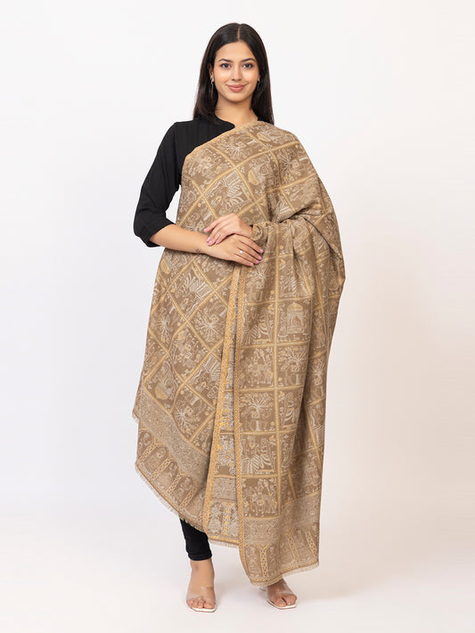 Tillarari Beige Shawl with Ethnic Indian Stroytelling Motifs