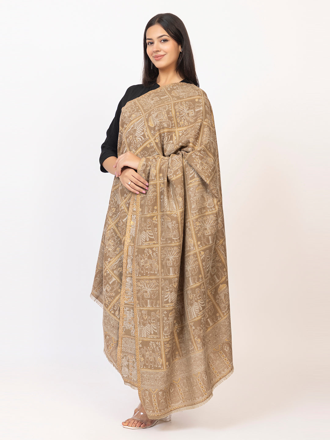 Tillarari Beige Shawl with Ethnic Indian Stroytelling Motifs
