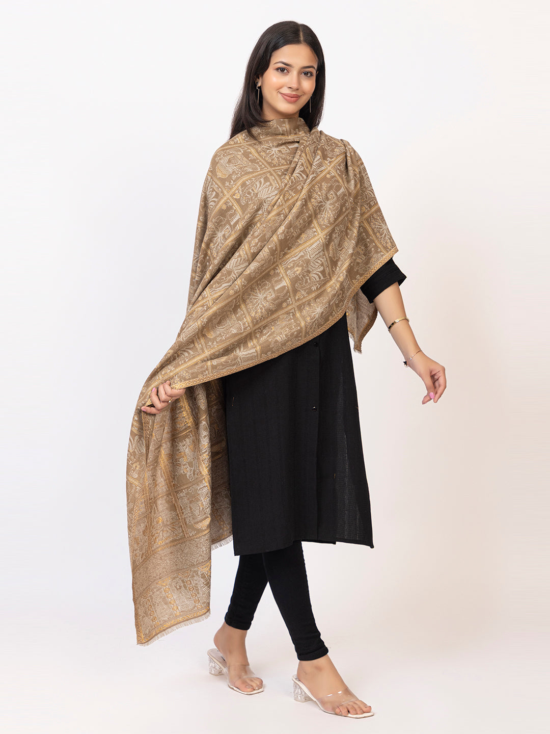 Tillarari Beige Shawl with Ethnic Indian Stroytelling Motifs
