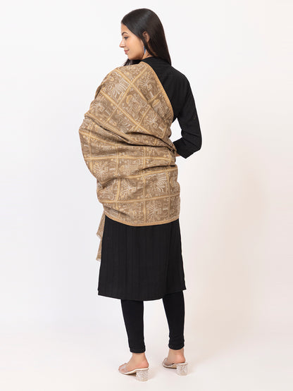 Tillarari Beige Shawl with Ethnic Indian Stroytelling Motifs