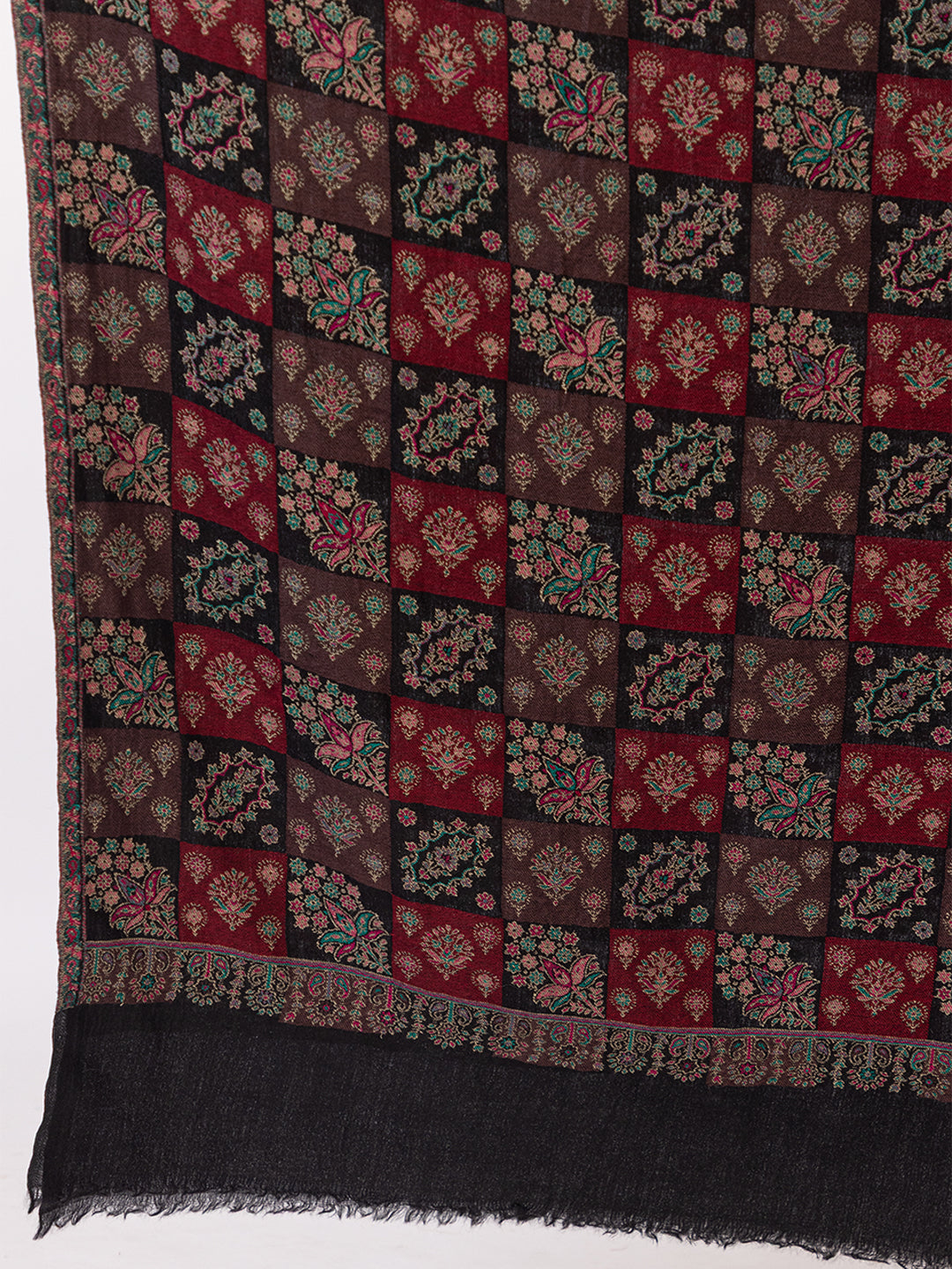 Tillaari Black Classic Checkered Shawl with Floral Motif Elegance