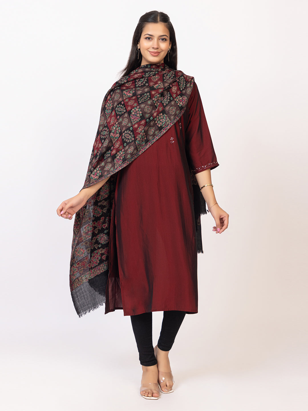 Tillaari Black Classic Checkered Shawl with Floral Motif Elegance