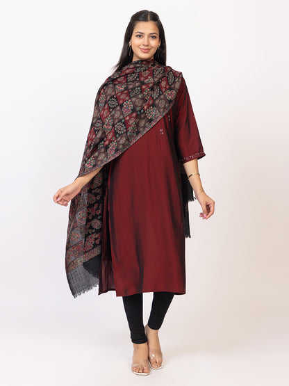 Tillaari Black Classic Checkered Shawl with Floral Motif Elegance