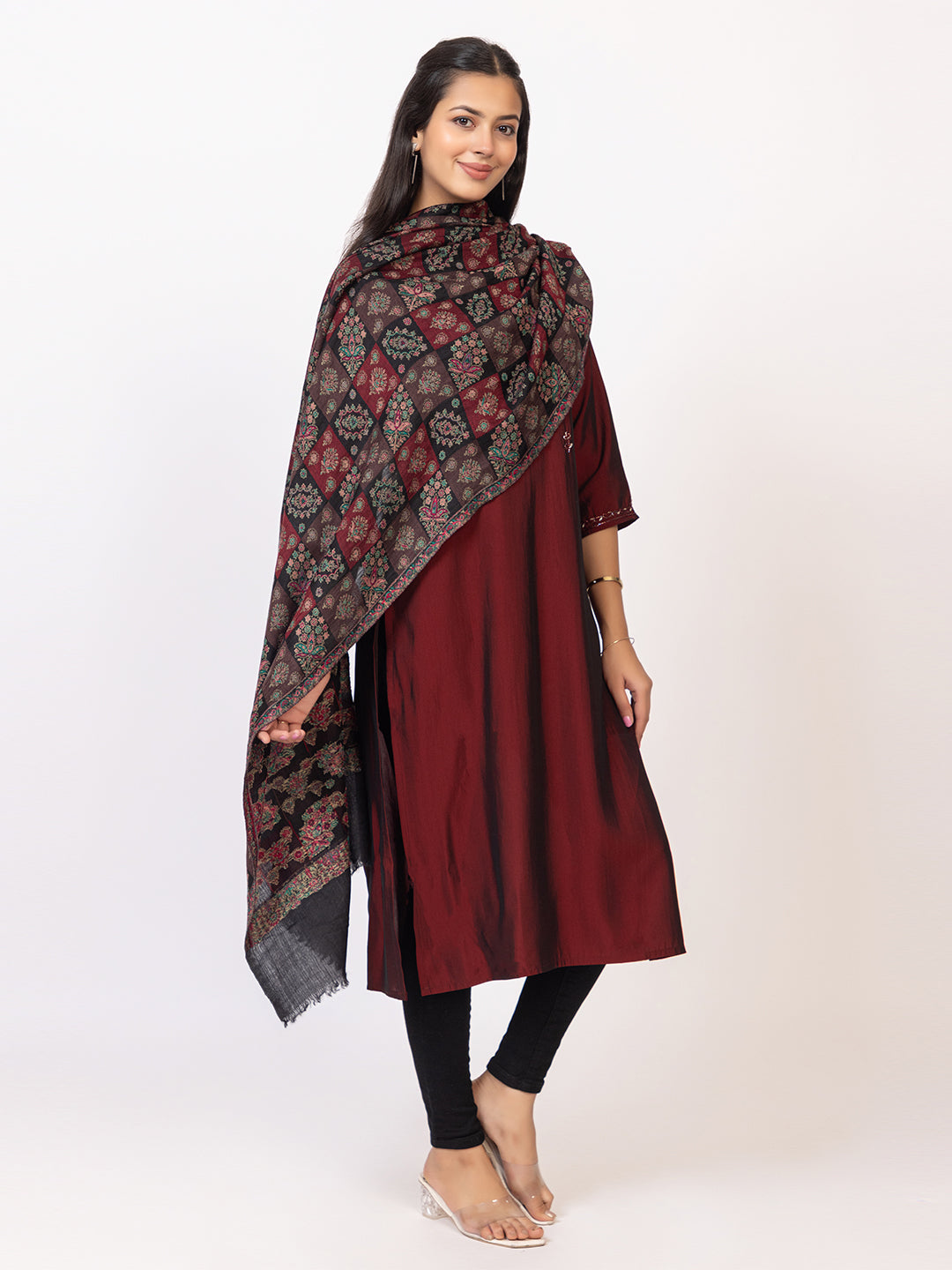 Tillaari Black Classic Checkered Shawl with Floral Motif Elegance