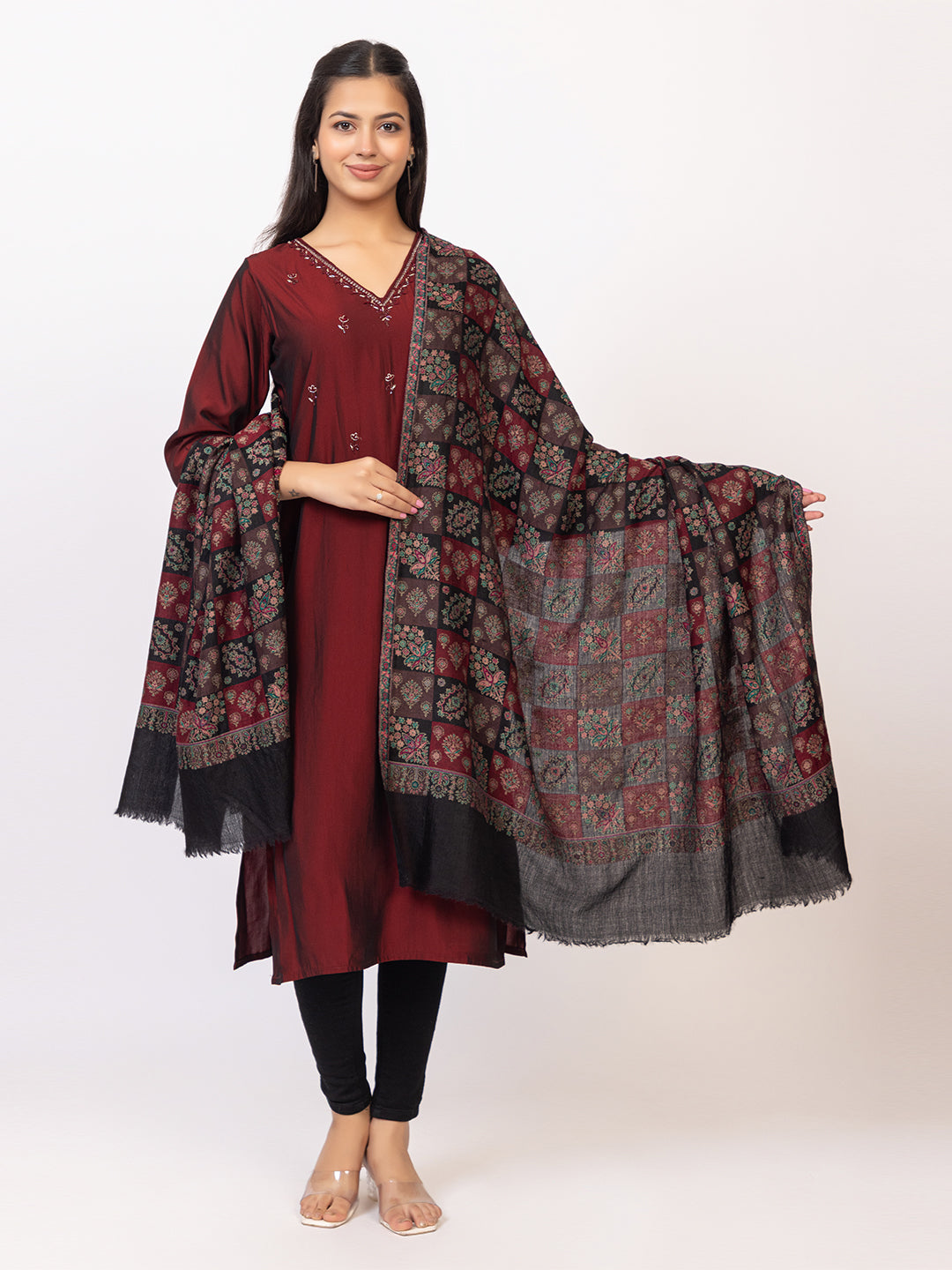 Tillaari Black Classic Checkered Shawl with Floral Motif Elegance