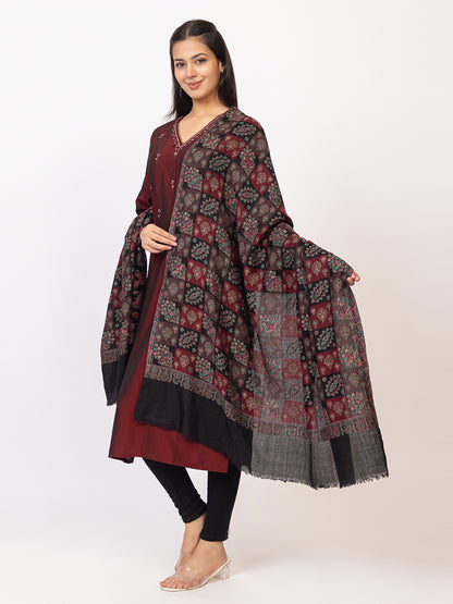 Tillaari Black Classic Checkered Shawl with Floral Motif Elegance