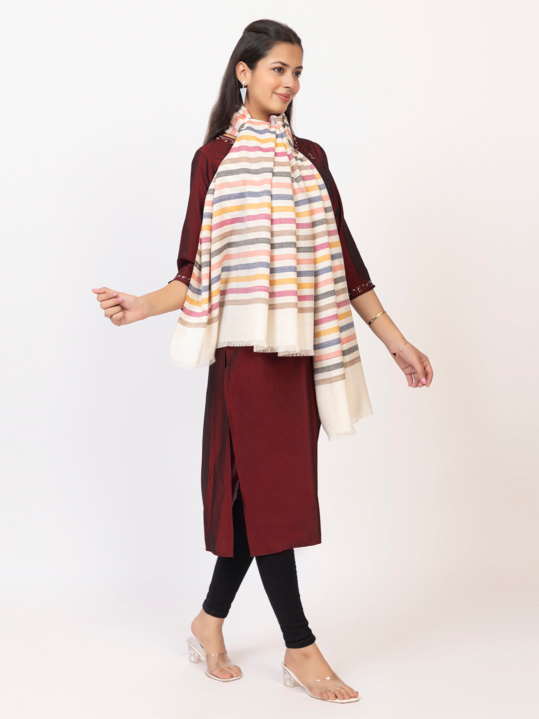 Tillaari Multicolor Striped White Shawl