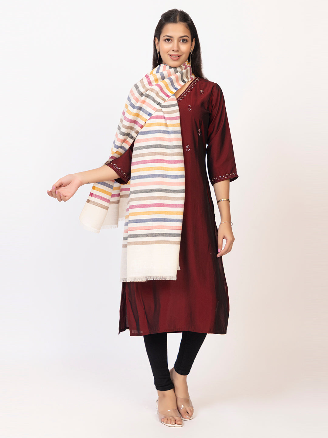 Tillaari Multicolor Striped White Shawl
