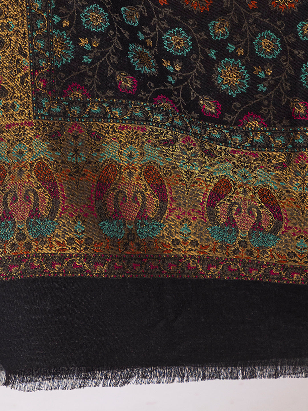 Tillaari Black Shawl with Floral Jaal and Paisley Border