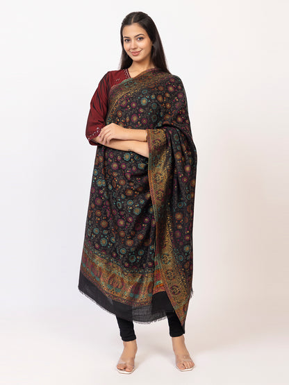 Tillaari Black Shawl with Floral Jaal and Paisley Border