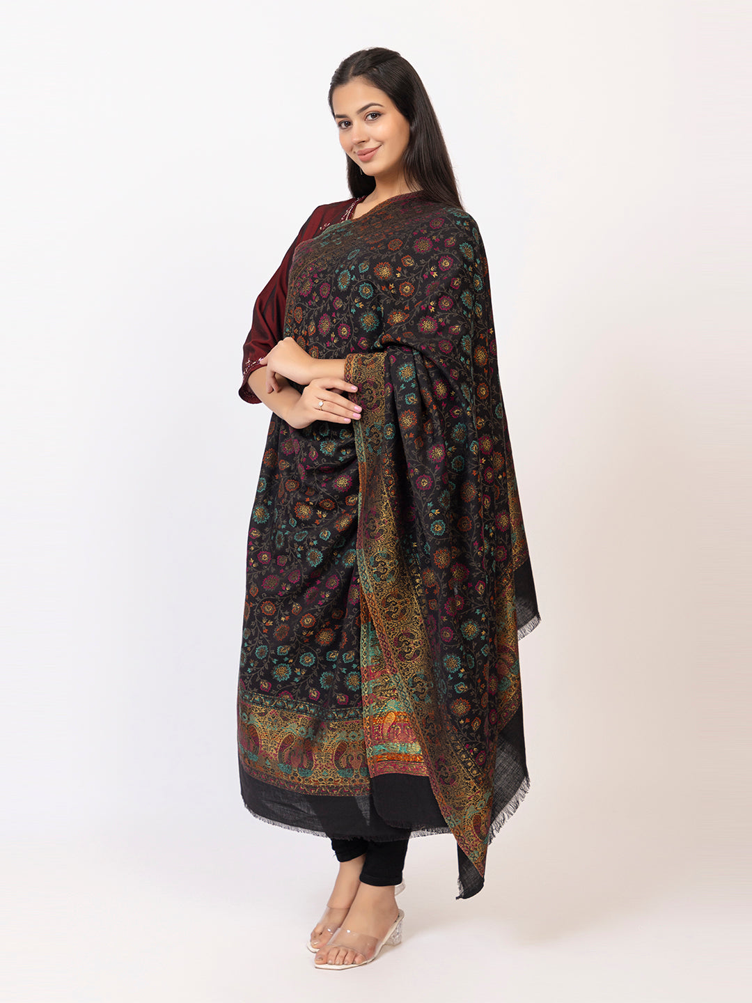 Tillaari Black Shawl with Floral Jaal and Paisley Border