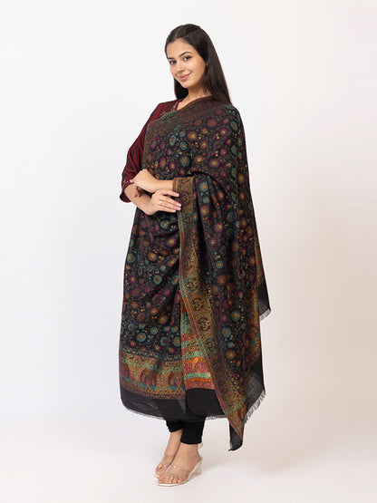 Tillaari Black Shawl with Floral Jaal and Paisley Border