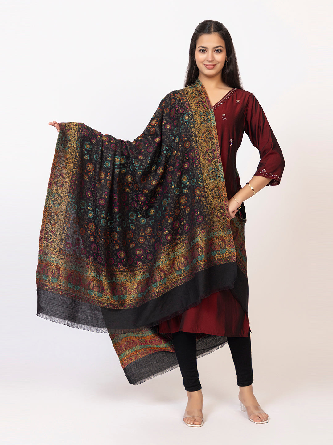 Tillaari Black Shawl with Floral Jaal and Paisley Border
