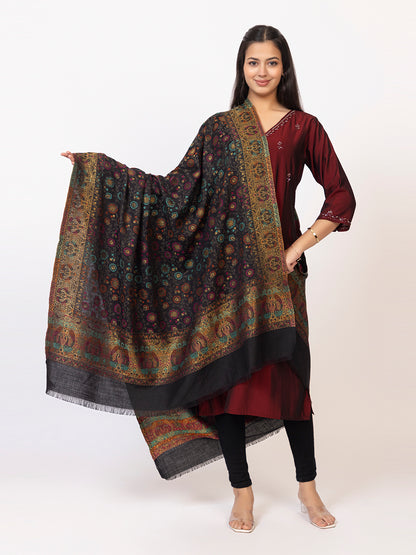 Tillaari Black Shawl with Floral Jaal and Paisley Border