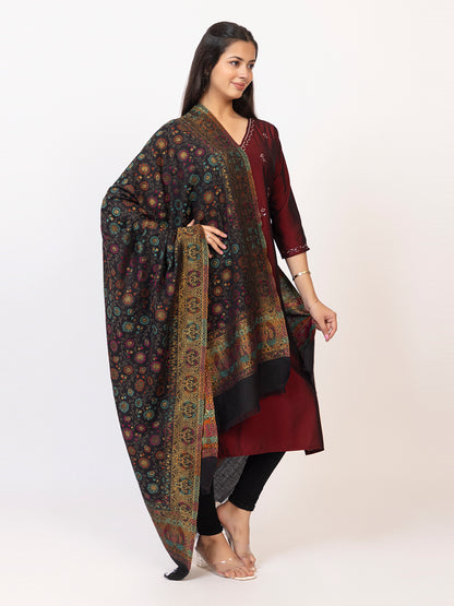 Tillaari Black Shawl with Floral Jaal and Paisley Border