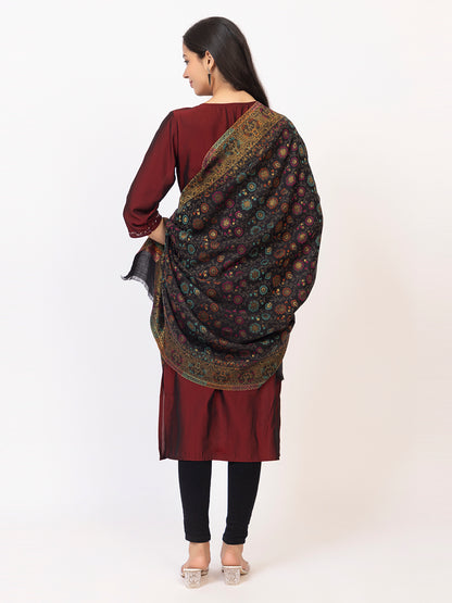 Tillaari Black Shawl with Floral Jaal and Paisley Border