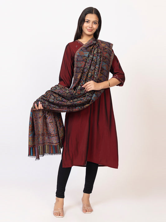 Tillaari Black Peacock Floral Design Shawl