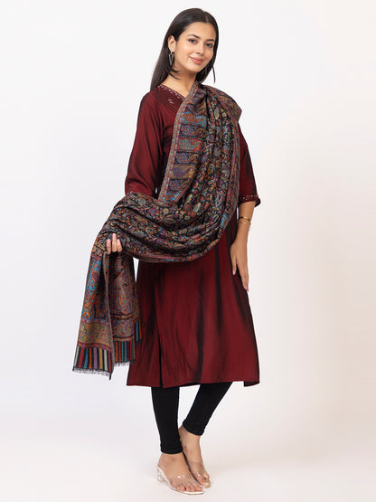 Tillaari Black Peacock Floral Design Shawl