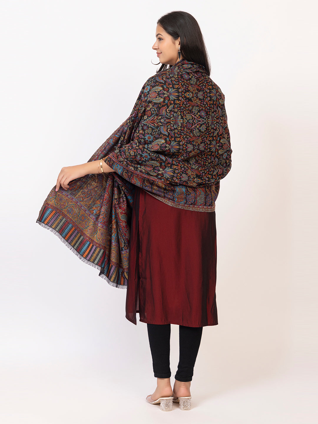 Tillaari Black Peacock Floral Design Shawl