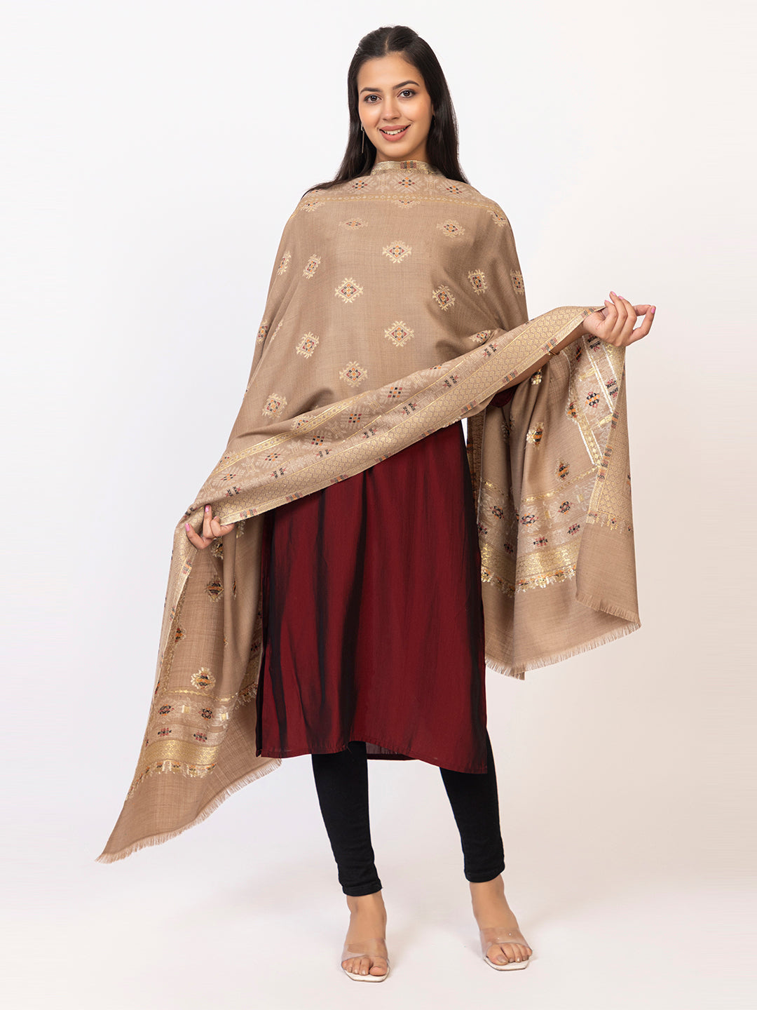 Tillaari Hetitage Beige Buti Shawl with Ornamental Border Detailing