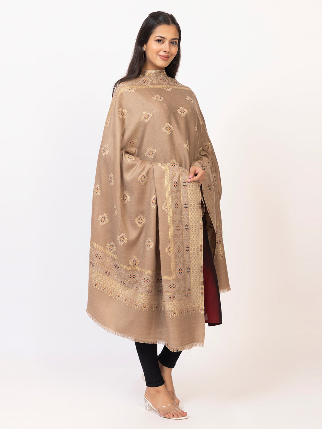 Tillaari Hetitage Beige Buti Shawl with Ornamental Border Detailing