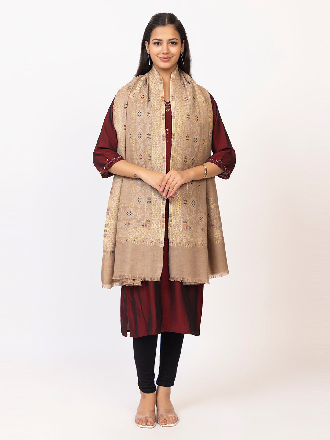 Tillaari Hetitage Beige Buti Shawl with Ornamental Border Detailing