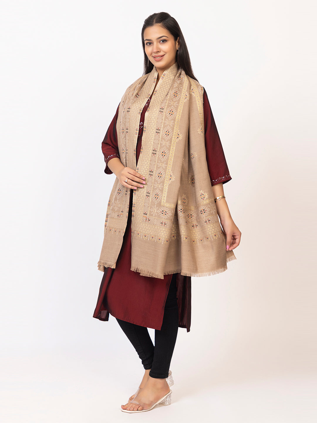 Tillaari Hetitage Beige Buti Shawl with Ornamental Border Detailing