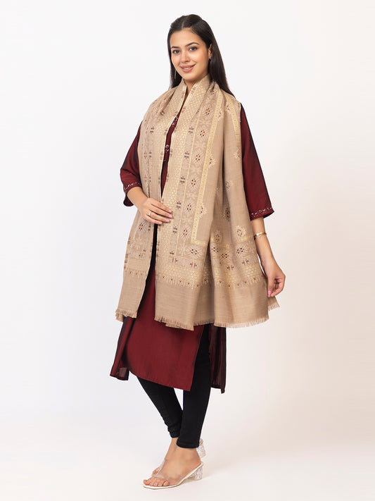 Tillaari Hetitage Beige Buti Shawl with Ornamental Border Detailing