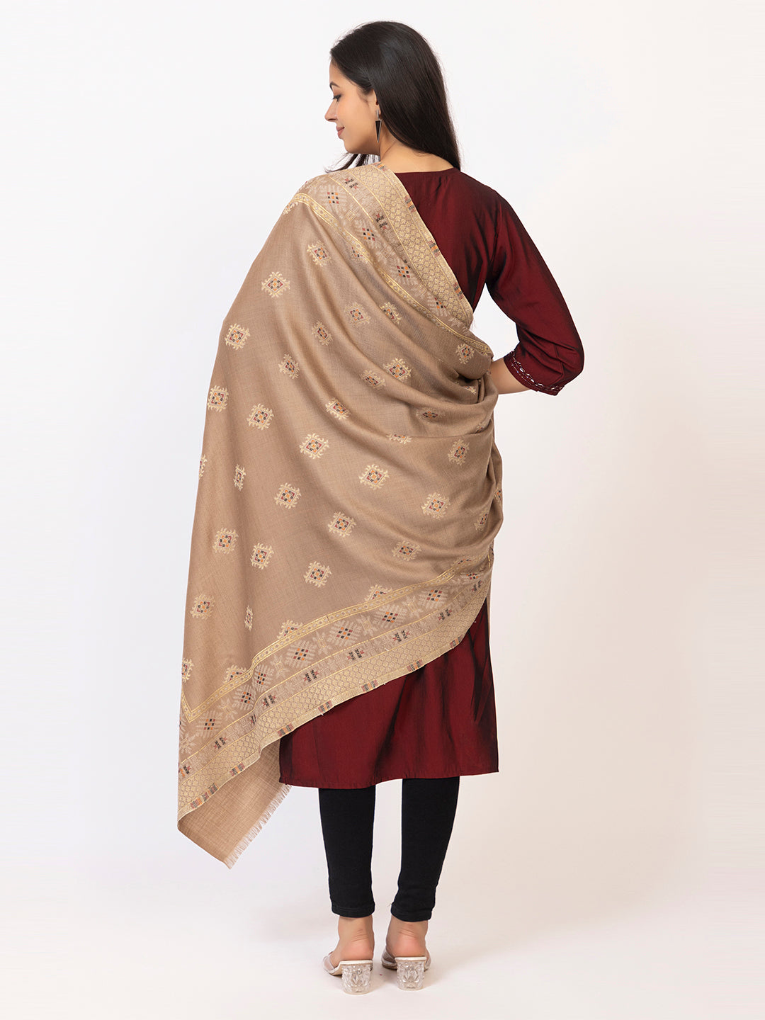 Tillaari Hetitage Beige Buti Shawl with Ornamental Border Detailing