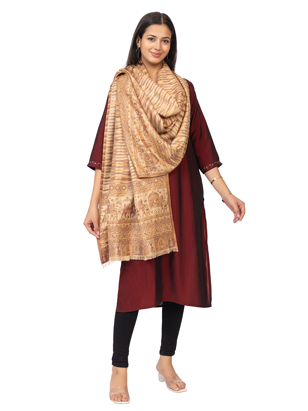 Tillaari Beige Royal Procession Motif Stole