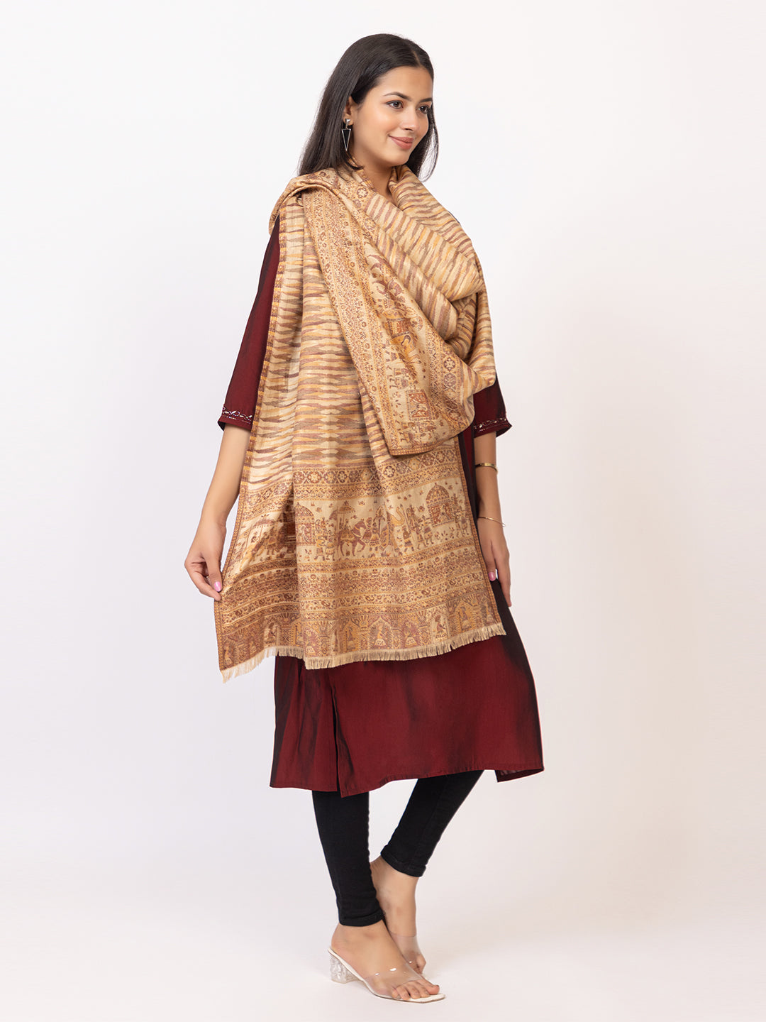 Tillaari Beige Royal Procession Motif Stole