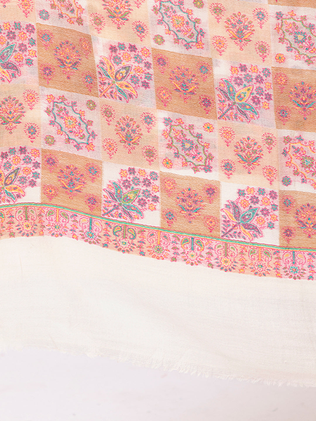 Tillaari White Classic Checkered Shawl with Floral Motif Elegance