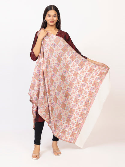 Tillaari White Classic Checkered Shawl with Floral Motif Elegance