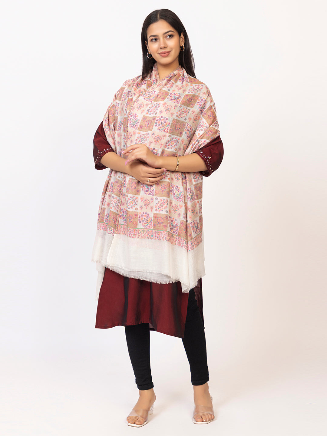 Tillaari White Classic Checkered Shawl with Floral Motif Elegance