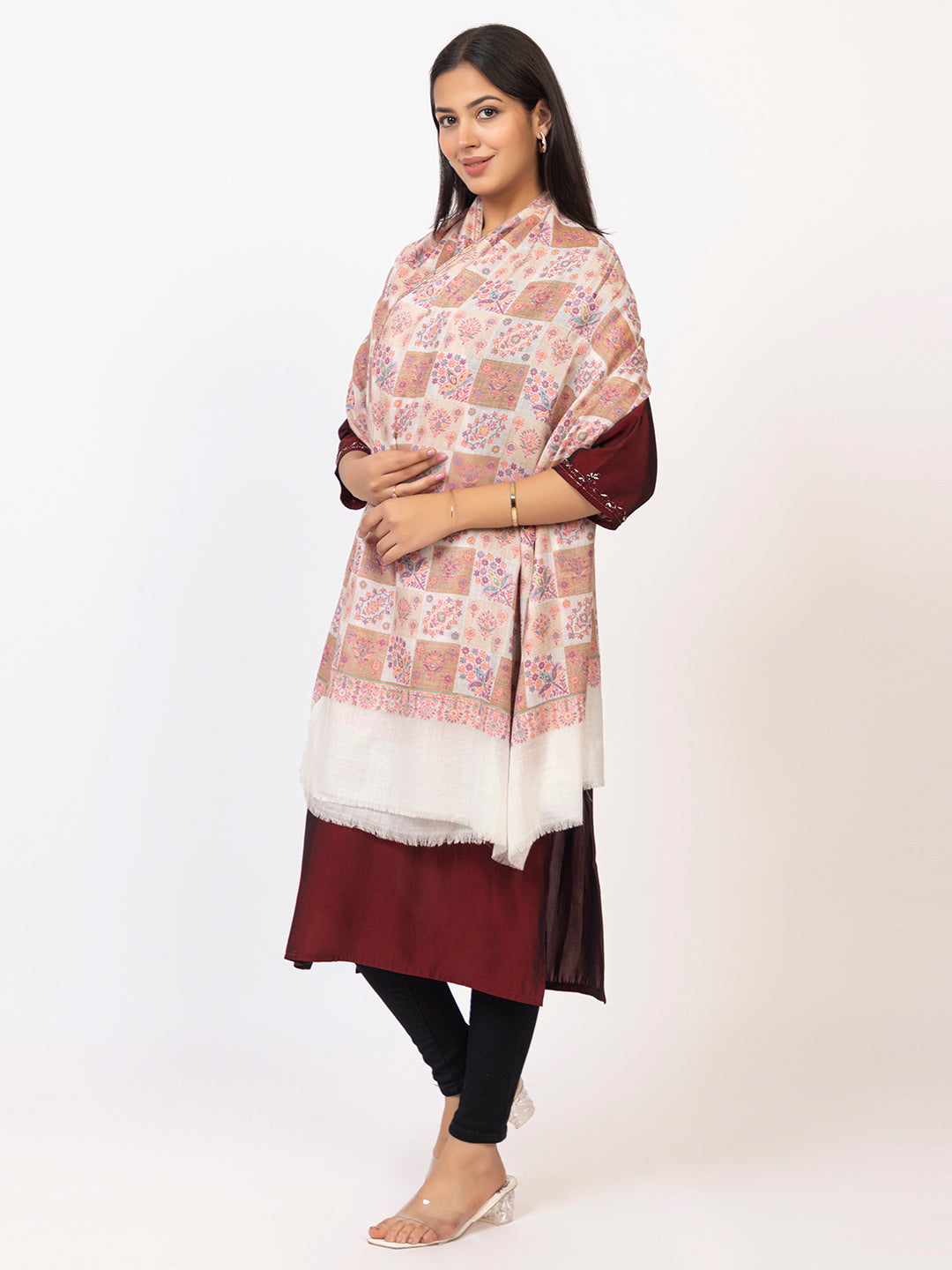 Tillaari White Classic Checkered Shawl with Floral Motif Elegance