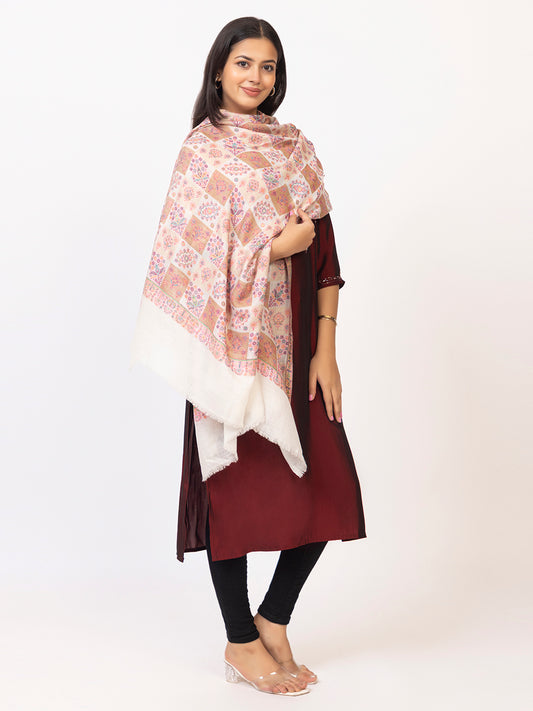 Tillaari White Classic Checkered Shawl with Floral Motif Elegance