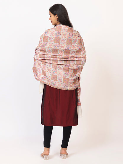 Tillaari White Classic Checkered Shawl with Floral Motif Elegance