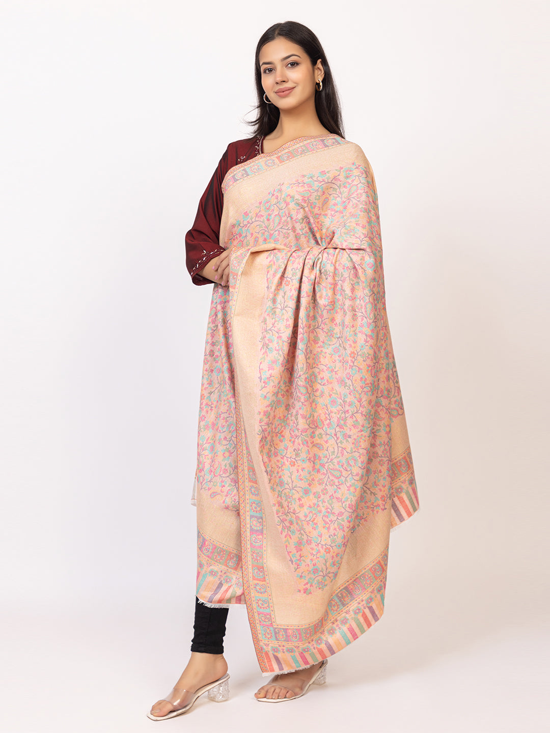 Tillaari Pink Kaani Shawl with Multicolor  Floral and Paisley Design