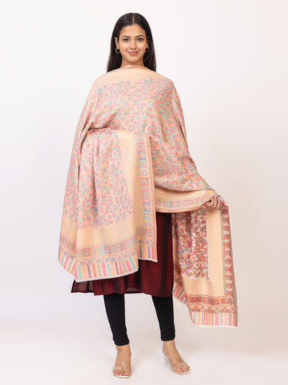 Tillaari Pink Kaani Shawl with Multicolor  Floral and Paisley Design