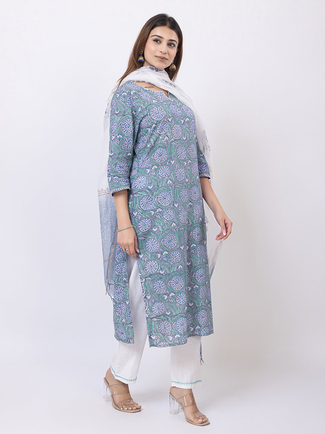 Tillaari Blue Printed Straight Kurta Set with Kota Doriya Dupatta