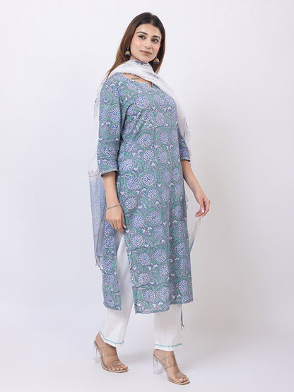 Tillaari Blue Printed Straight Kurta Set with Kota Doriya Dupatta
