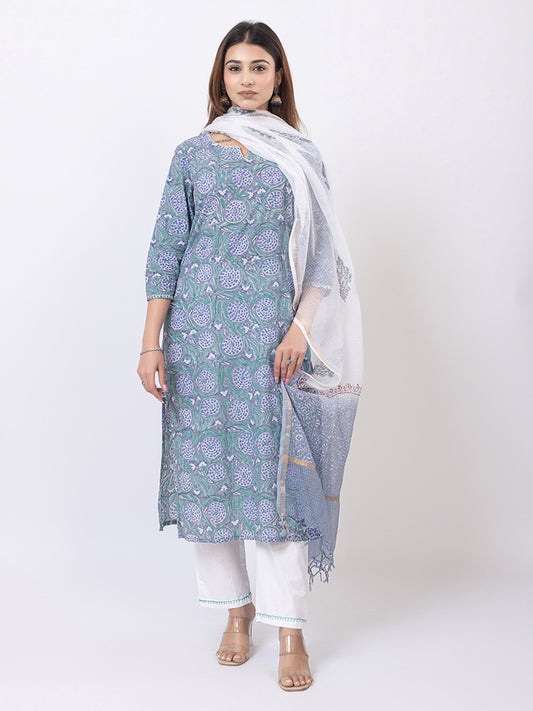 Tillaari Blue Printed Straight Kurta Set with Kota Doriya Dupatta